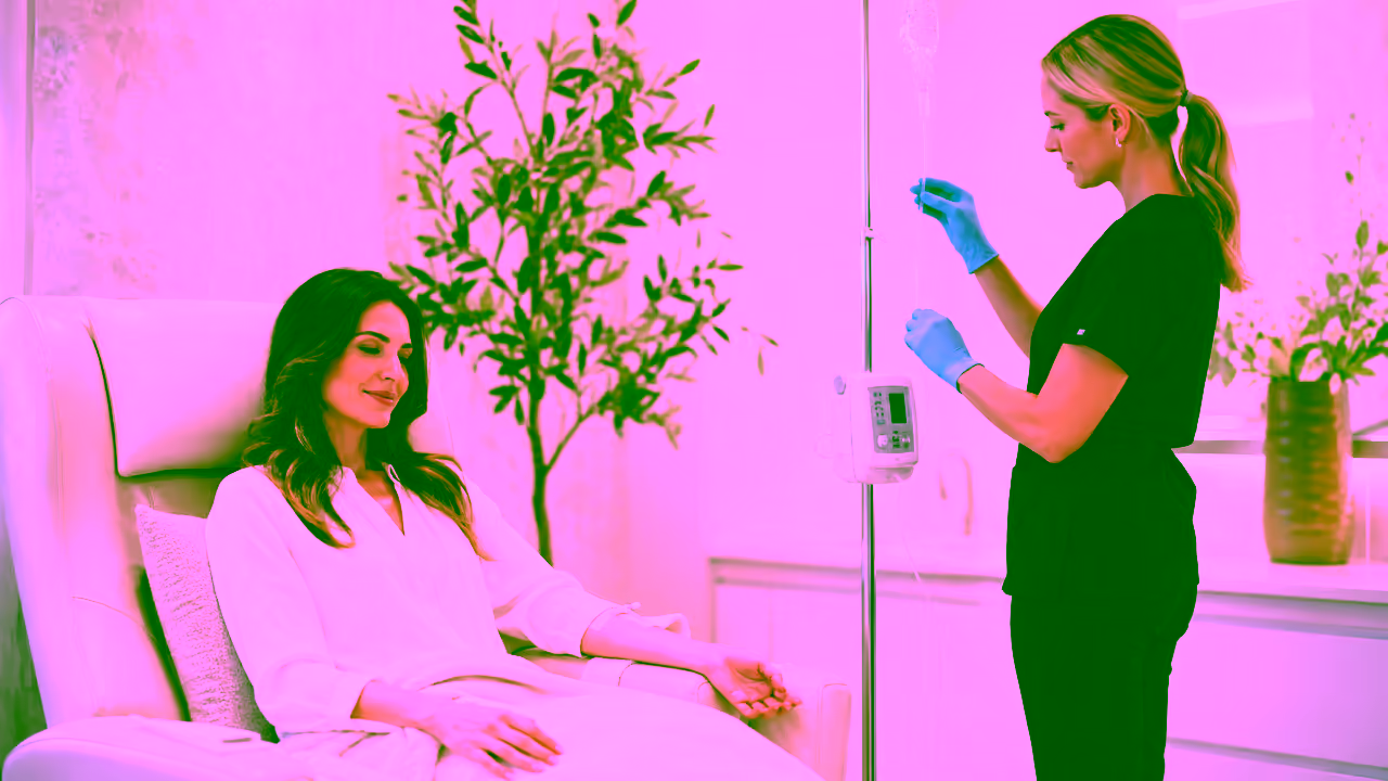 Patient receiving IV nutrient infusion therapy