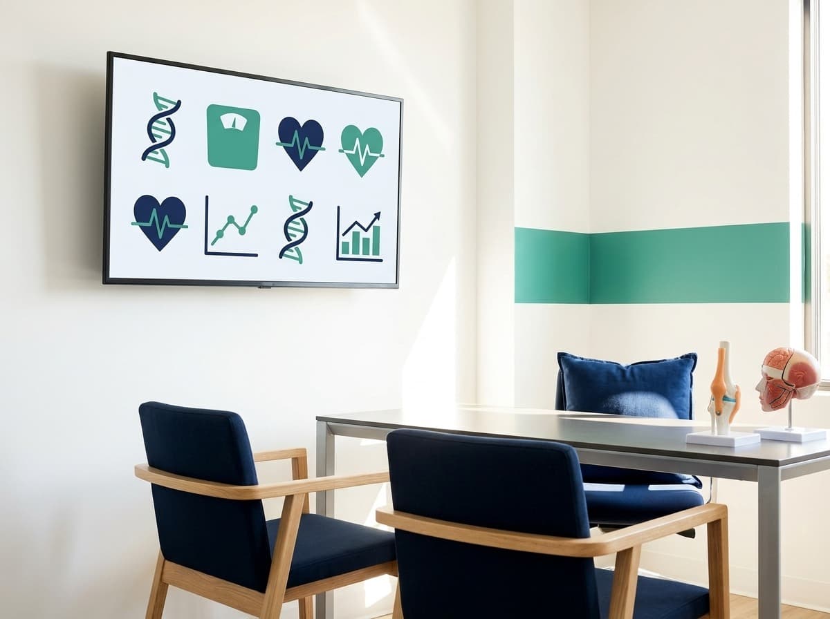 Functional medicine consultation room with a wellness-metrics display in St. Louis