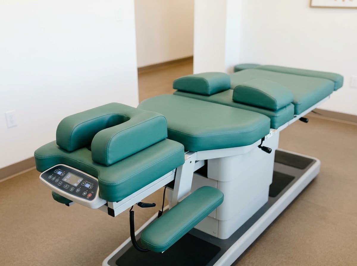 Close-up of a non-surgical spinal decompression therapy table at our St. Louis clinic